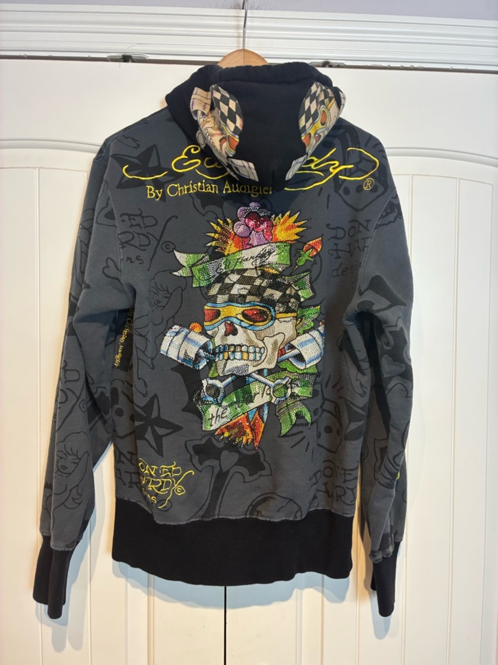 Christian Audigier Black Hoodie with Multicolor Skull Graphic Size M